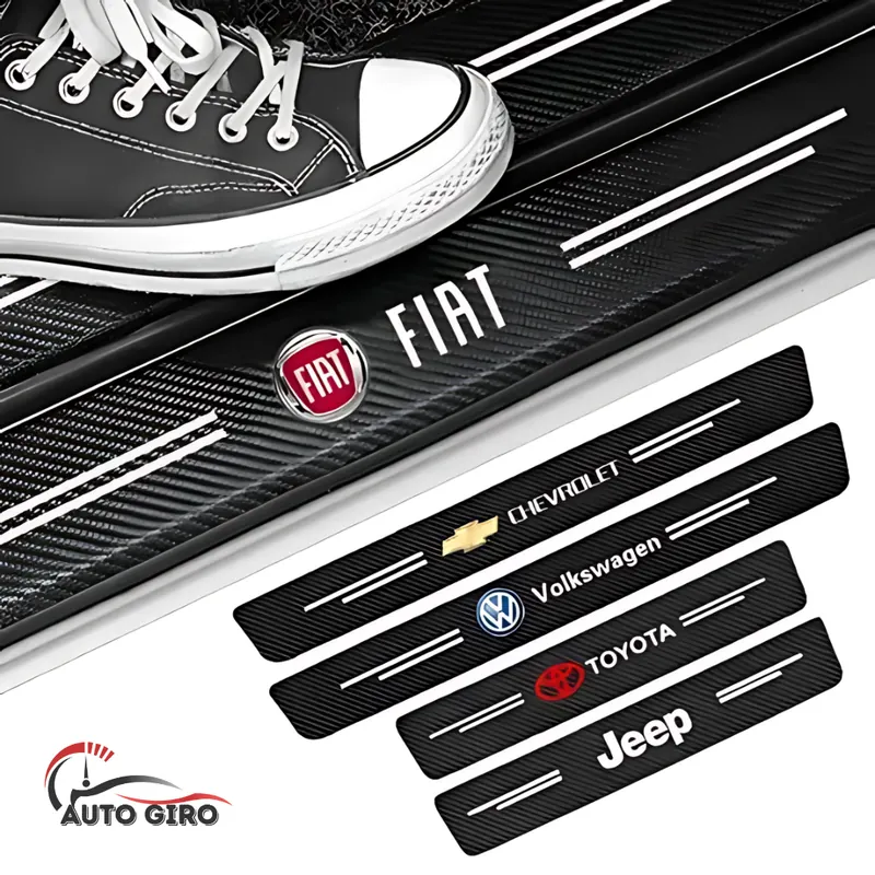 Kit CarbonFilm com logomarcas Fiat, Chevrolet, Volkswagen, Toyota e Jeep, e um tênis sobre a soleira protegida