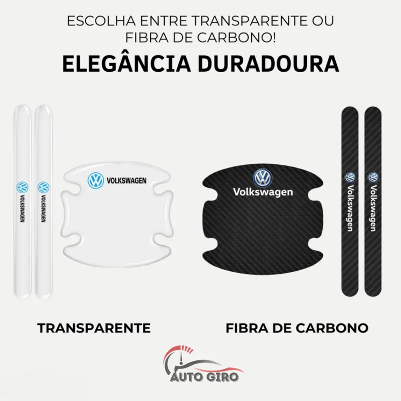 Os dois acabamentos lado a lado: transparente e fibra de carbono, cada um com concha e protetores de puxador