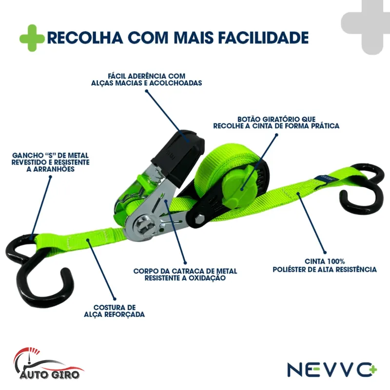 Partes da cinta: catraca de metal, botão giratório que recolhe a cinta, ganchos em S e costura reforçada