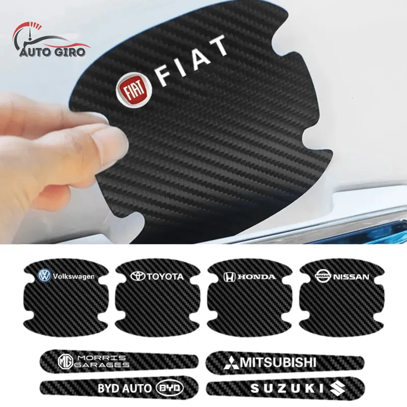 Concha em fibra de carbono Fiat sendo aplicada atrás da maçaneta, e conchas de várias marcas