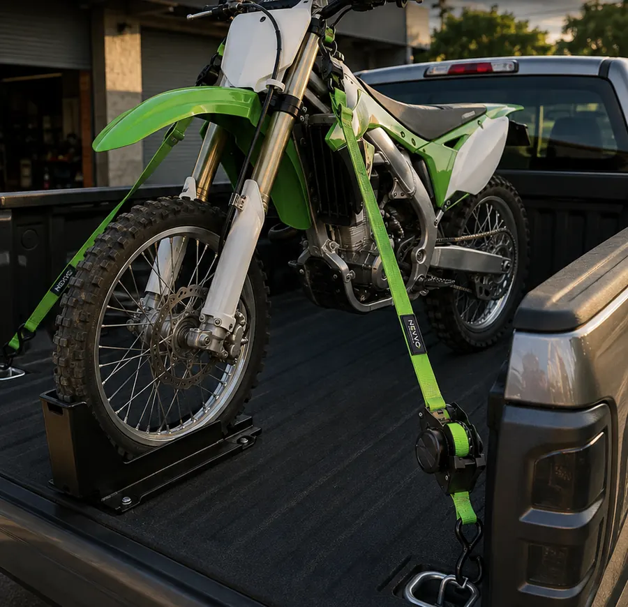 Moto presa com cintas retráteis na caçamba de uma picape