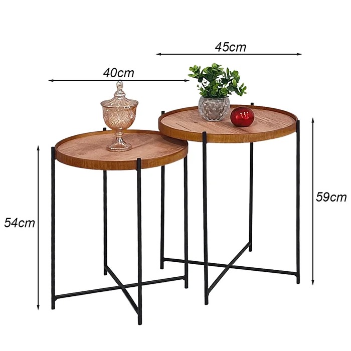 Kit 2 Mesas Laterais Redondas Rústicas – Madeirado com Pés Pretos