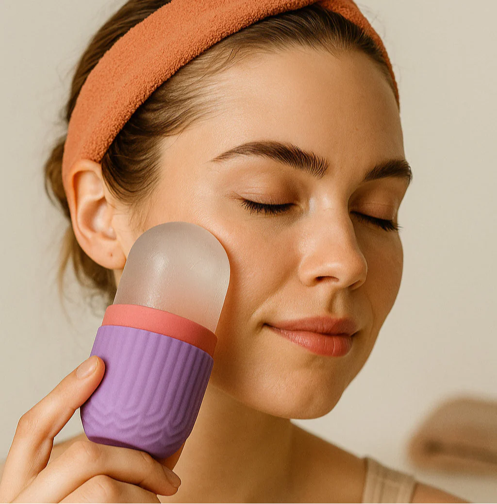 Mulher usando o DermaIce massageador facial de silicone com gelo.