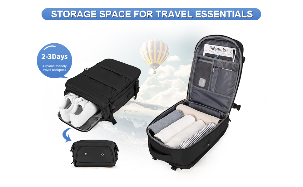 para artigos de viagem, compartimento de roupas, compartimento de sapatos, mochila de viagem curta