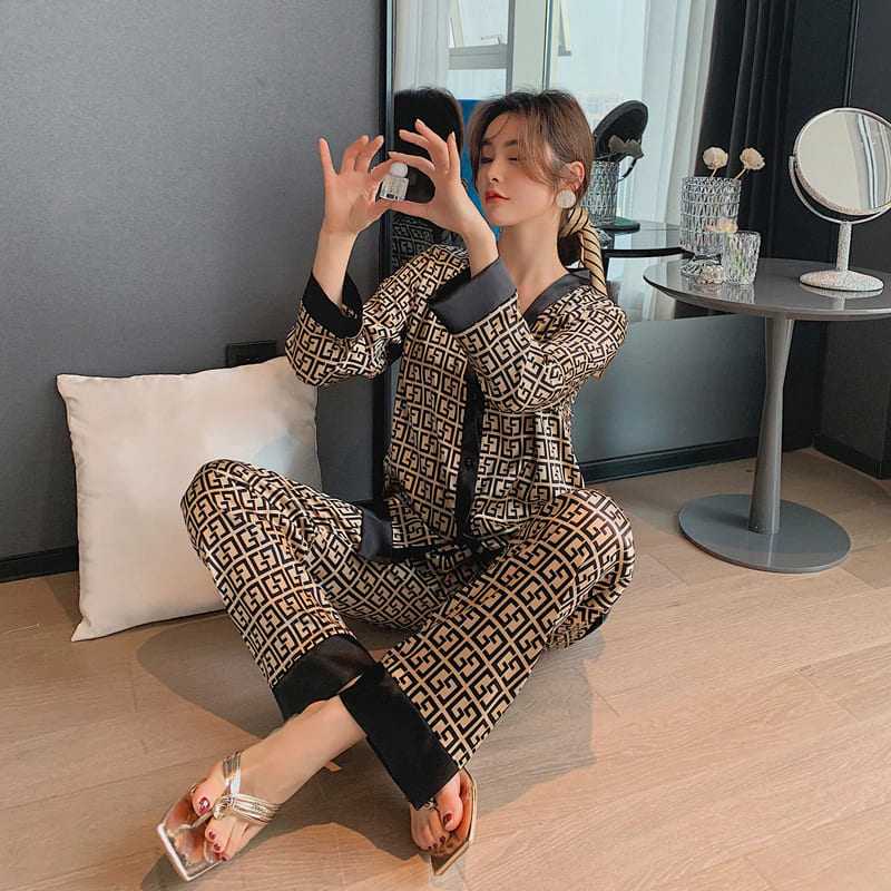 Conjunto Pijama de Seda Luxo Feminino Com Decote Em V-Night Wear