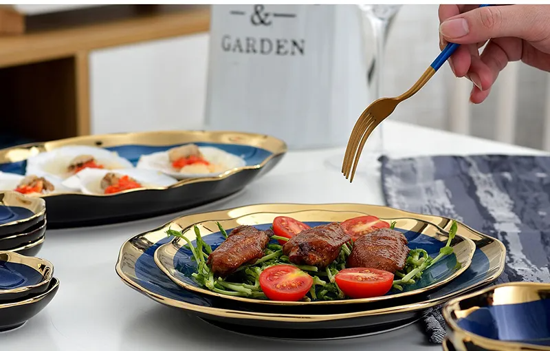 Dinnerware Sets Service for 6, 4, 2 People Irregular Luxury Phnom Penh Kiln Blue Ceramic Tableware Fish Plate Bowl Dish Combine