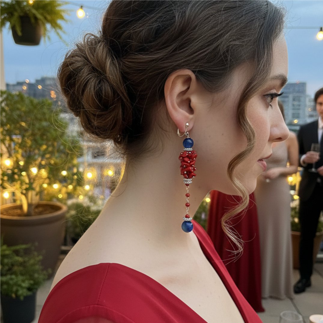 Brinco de Pressão Vermelho e Prata de Festa Elegante Longo Janine