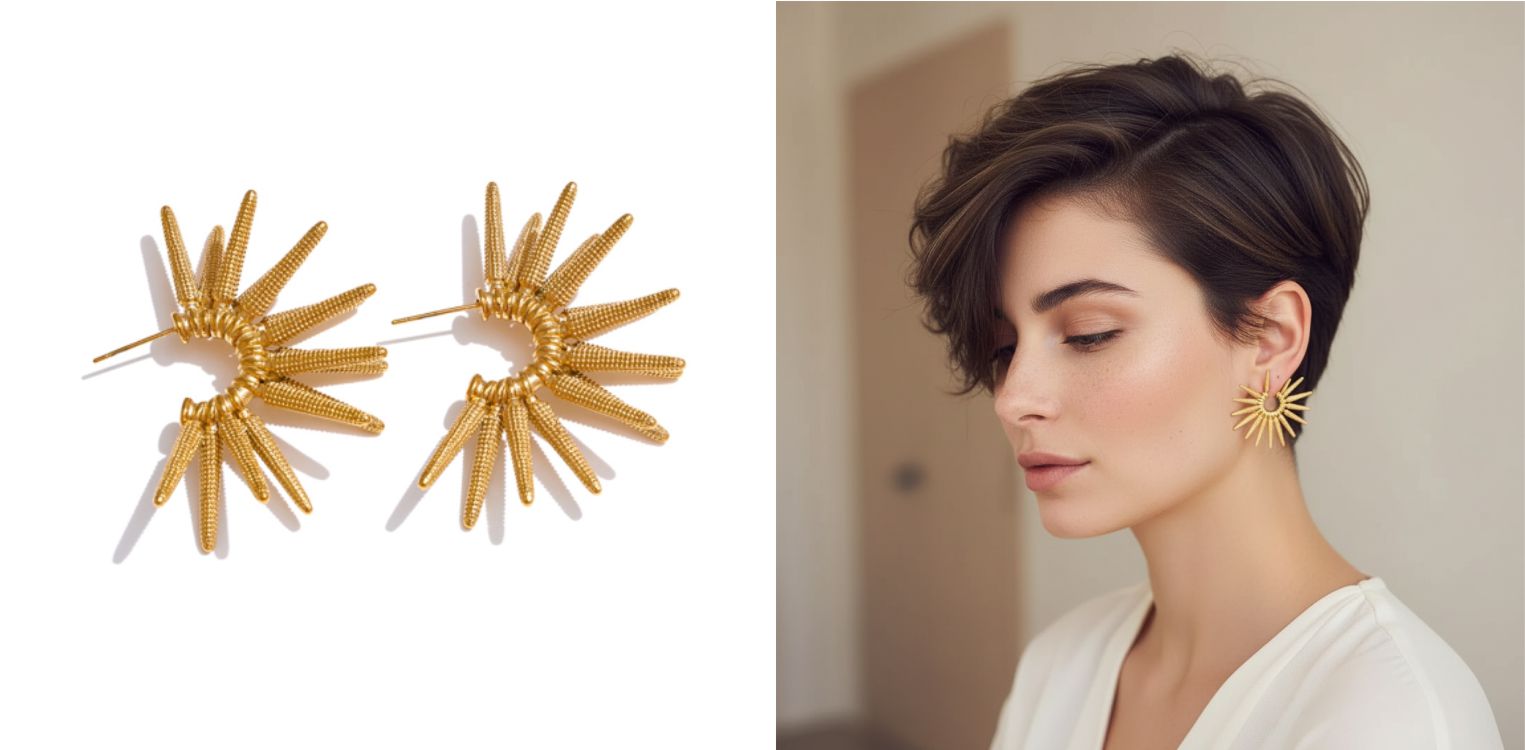 Brinco semicírculo dourado com espetos para cabelos curtos estilo punk chic