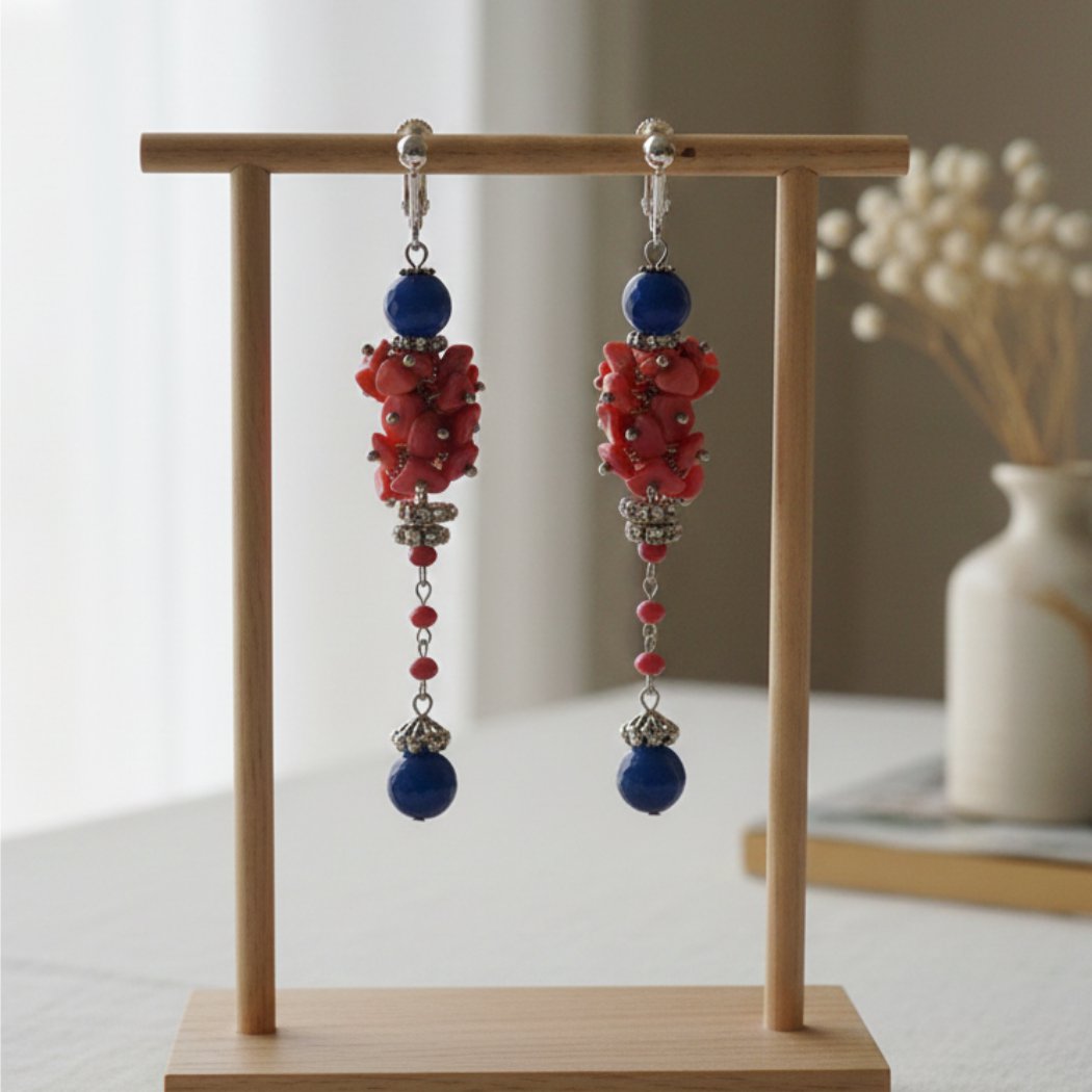 Brinco de Pressão Vermelho e Prata de Festa Elegante Longo Janine