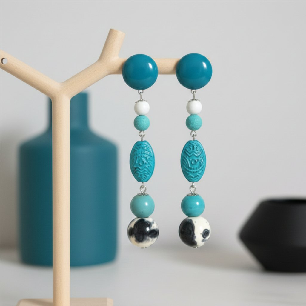 Brinco de Pressão Turquesa e Preto Longo Boho Chic Amadeo