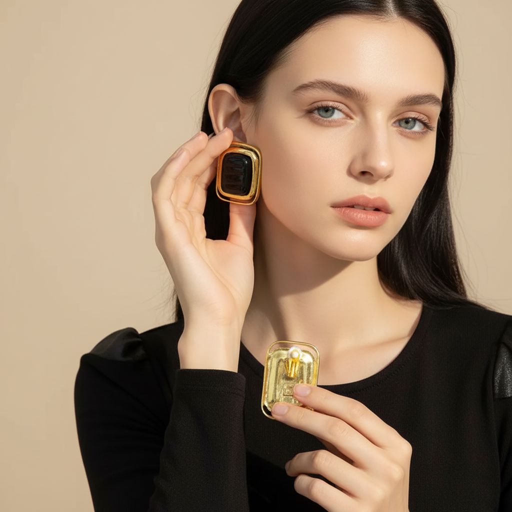 Maxi Brinco de Pressão Preto Quadrado Grande Extravagante de Metal Hailey