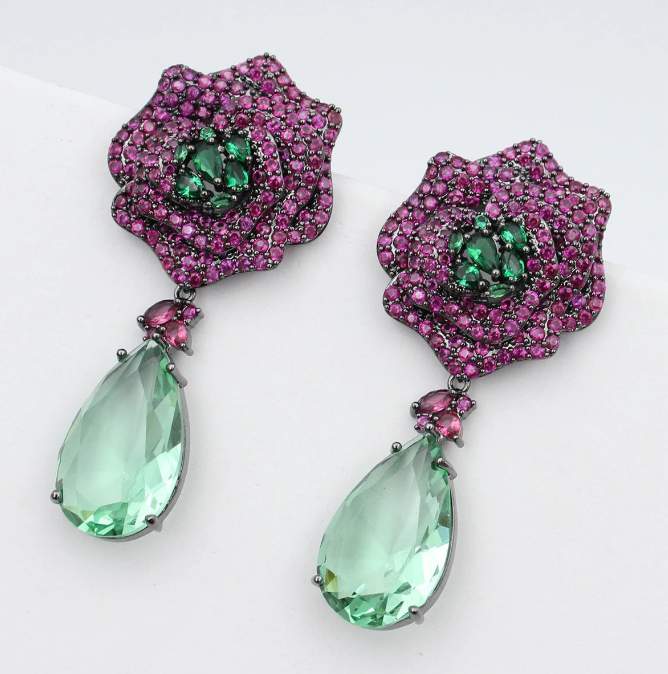 Brinco Fúcsia e Verde de Festa Flor Cravejada de Zircônias