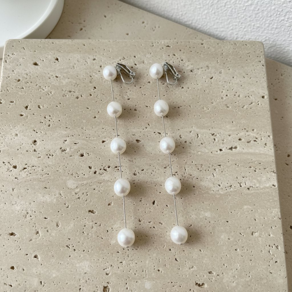 Brinco de Pressão de Pérolas de Água Doce Longo Fino Prata