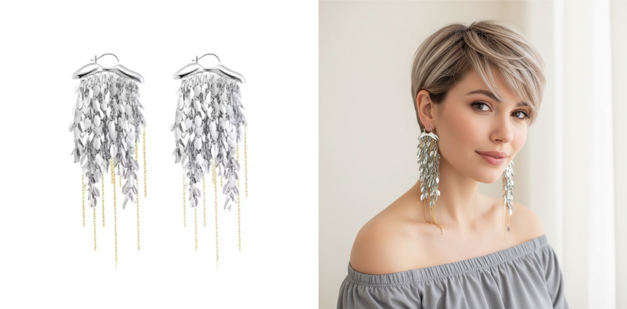 Brinco de franja larga prata e dourado estilo cascata para cabelos curtos