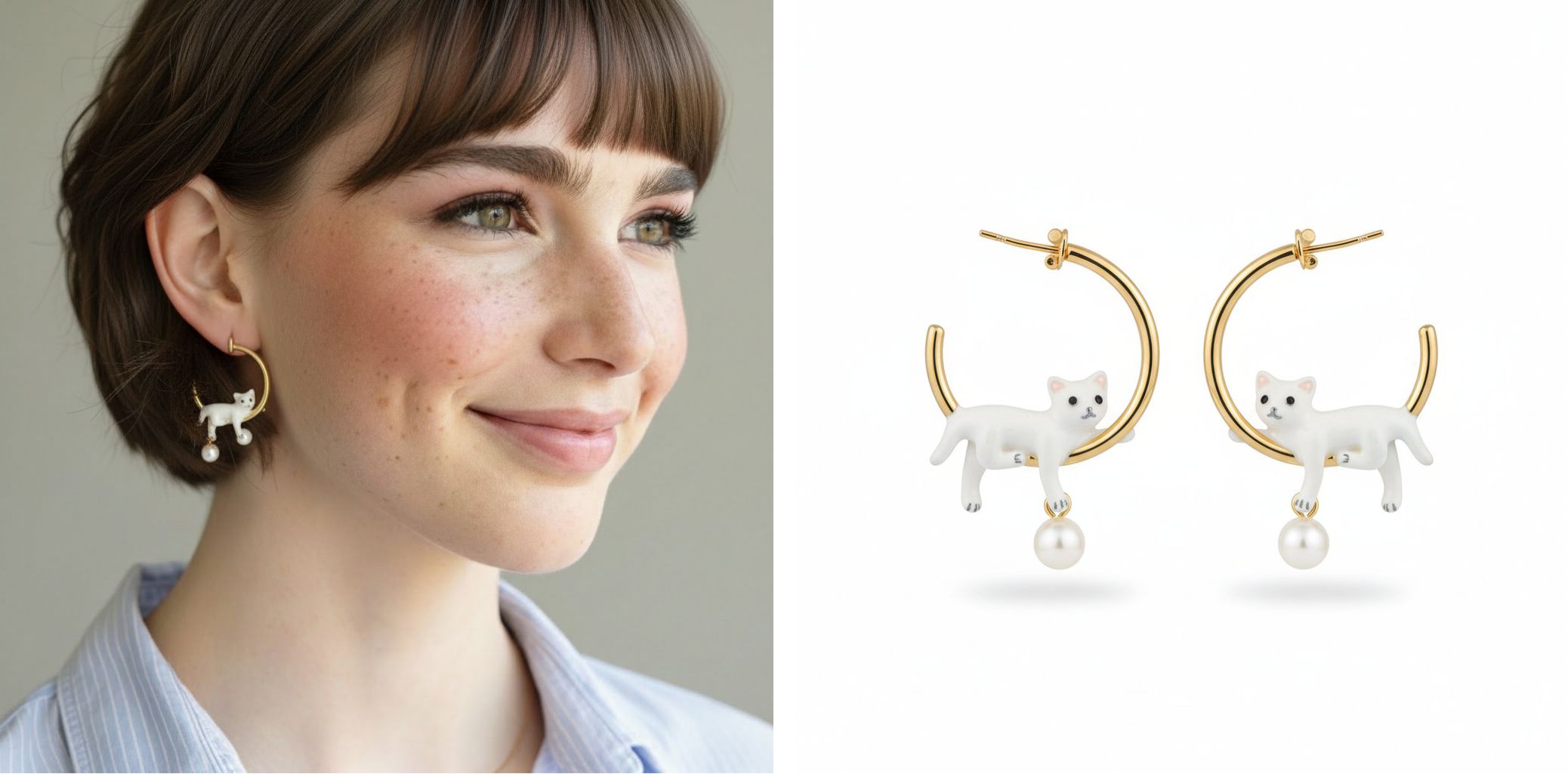 Brinco argola com gatinho branco e pingente de pérola para cabelos curtos