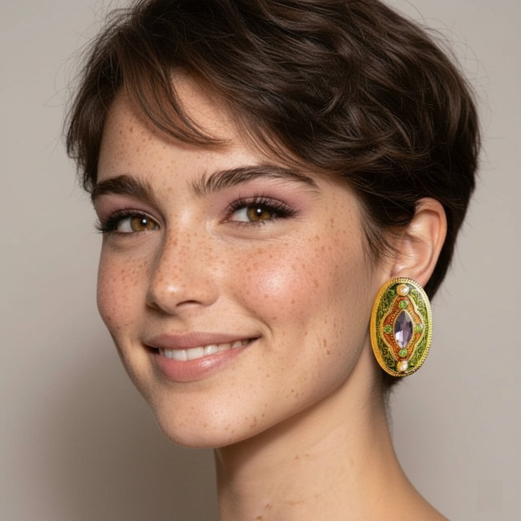 Brinco Verde Oval Esmaltado Vintage