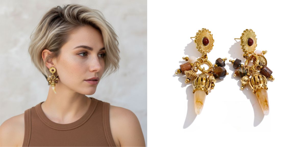 Brinco de chifre marrom com penduricalhos dourados estilo boho para cabelos curtos