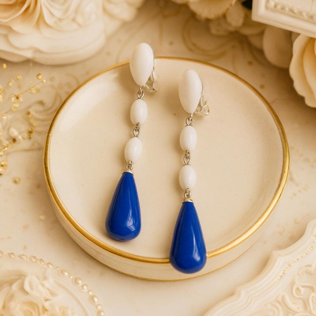 Brinco de Pressão Branco e Azul Longo Elegante de Gota Bianca