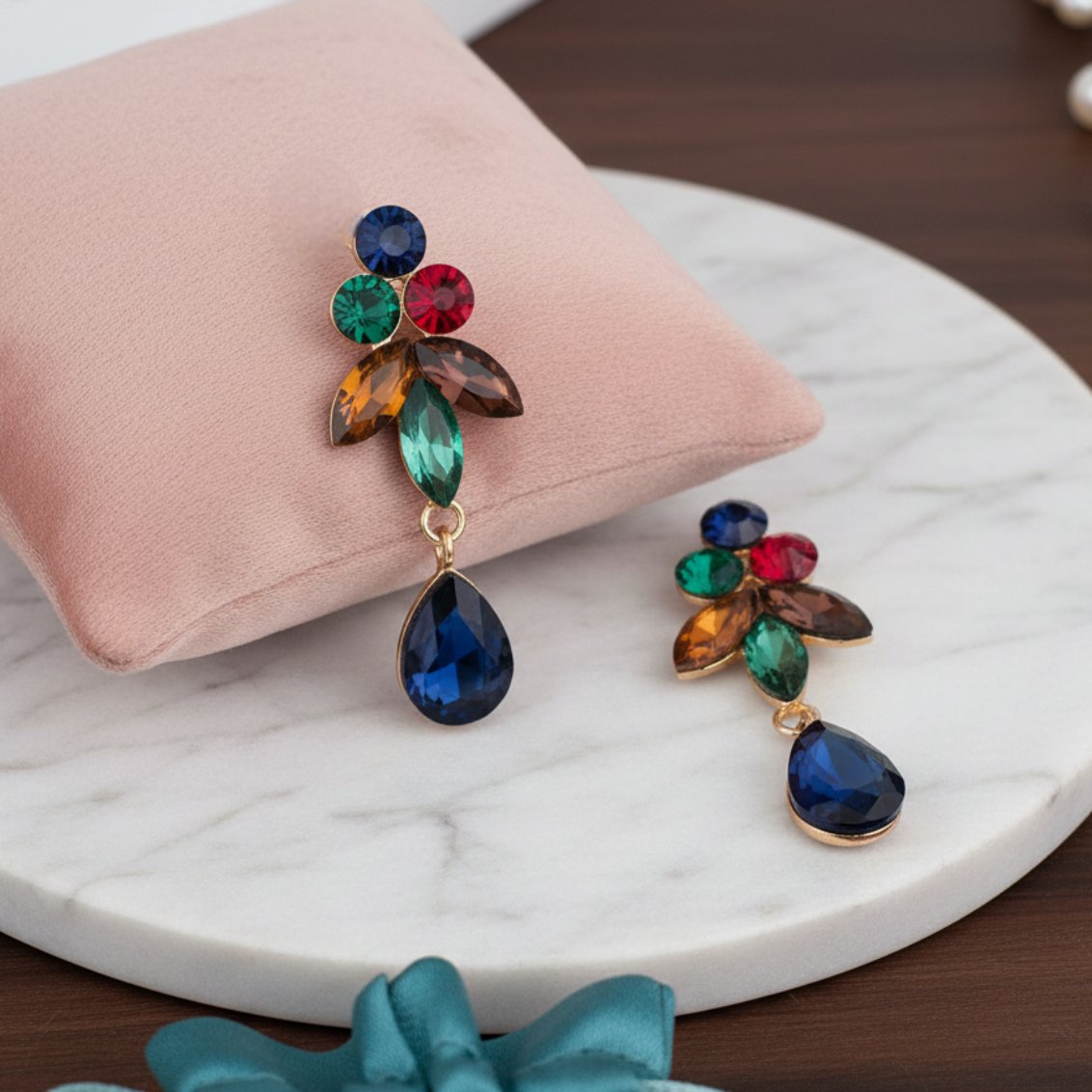 Brinco de pressão azul de festa com cristais verde