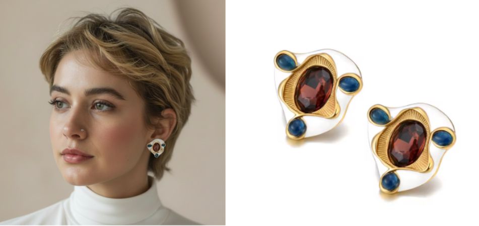 Brinco orgânico colorido com pedras e esmalte para cabelos curtos