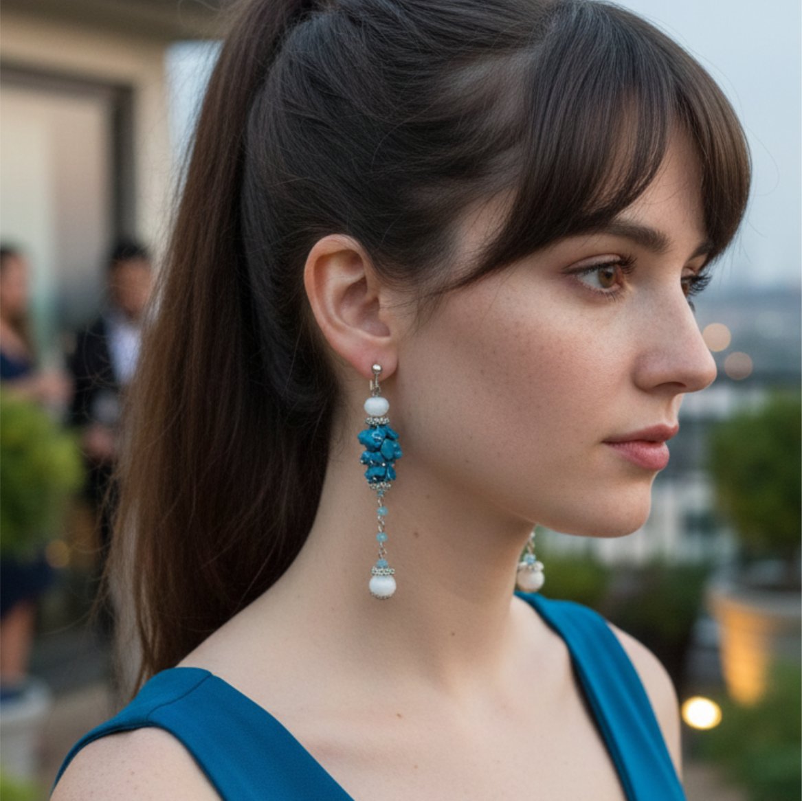 Brinco de Pressão Azul de Festa Longo Elegante de Pedras Fabia