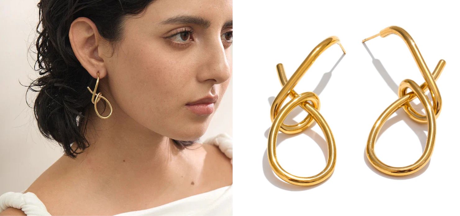 Brinco de nó em metal dourado minimalista para cabelos curtos urbanos