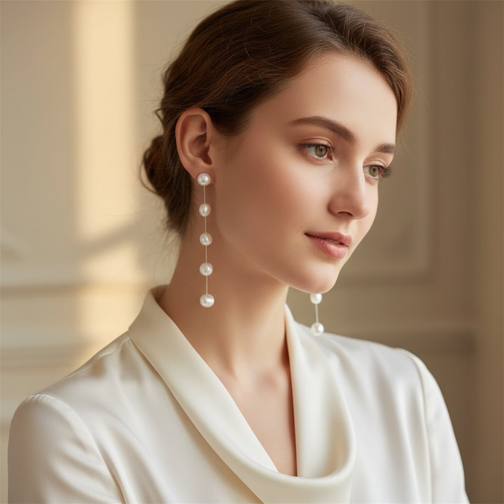 Brinco de Pressão de Pérolas de Água Doce Longo Fino Prata