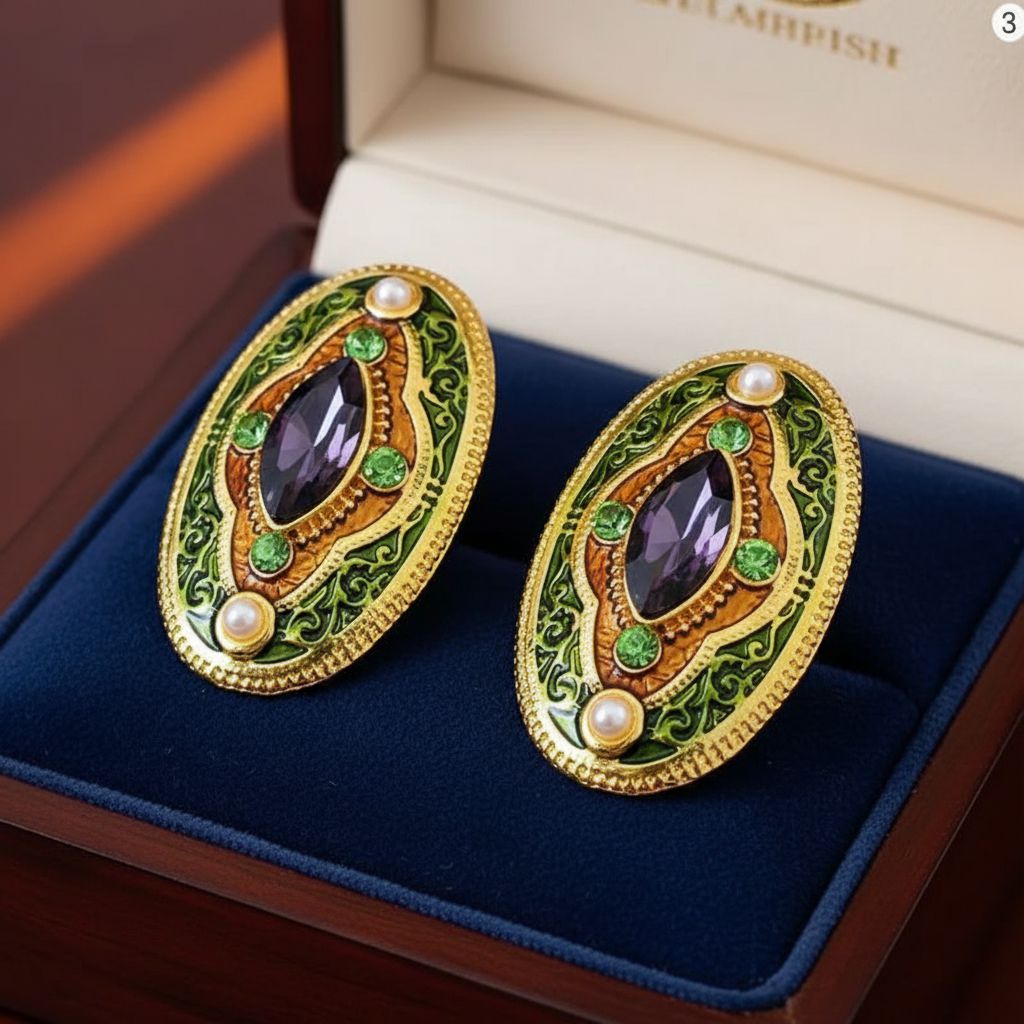 Brinco Verde Oval Esmaltado Vintage