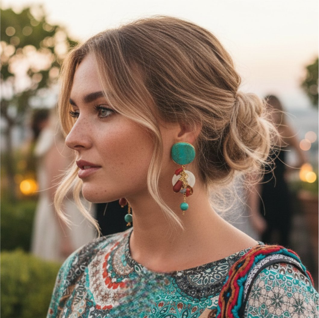 Brinco de pressão turquesa e vermelho com pedra grande e penduricalhos Vivian