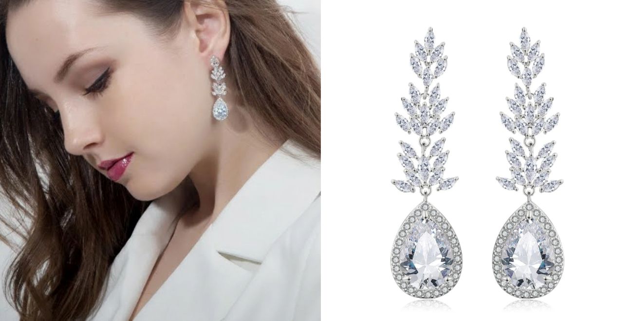 Brinco de Pressão Cristal com zircônia e folhagem para festa Brinco de Pressão Cristal com zircônia e folhagem para festa