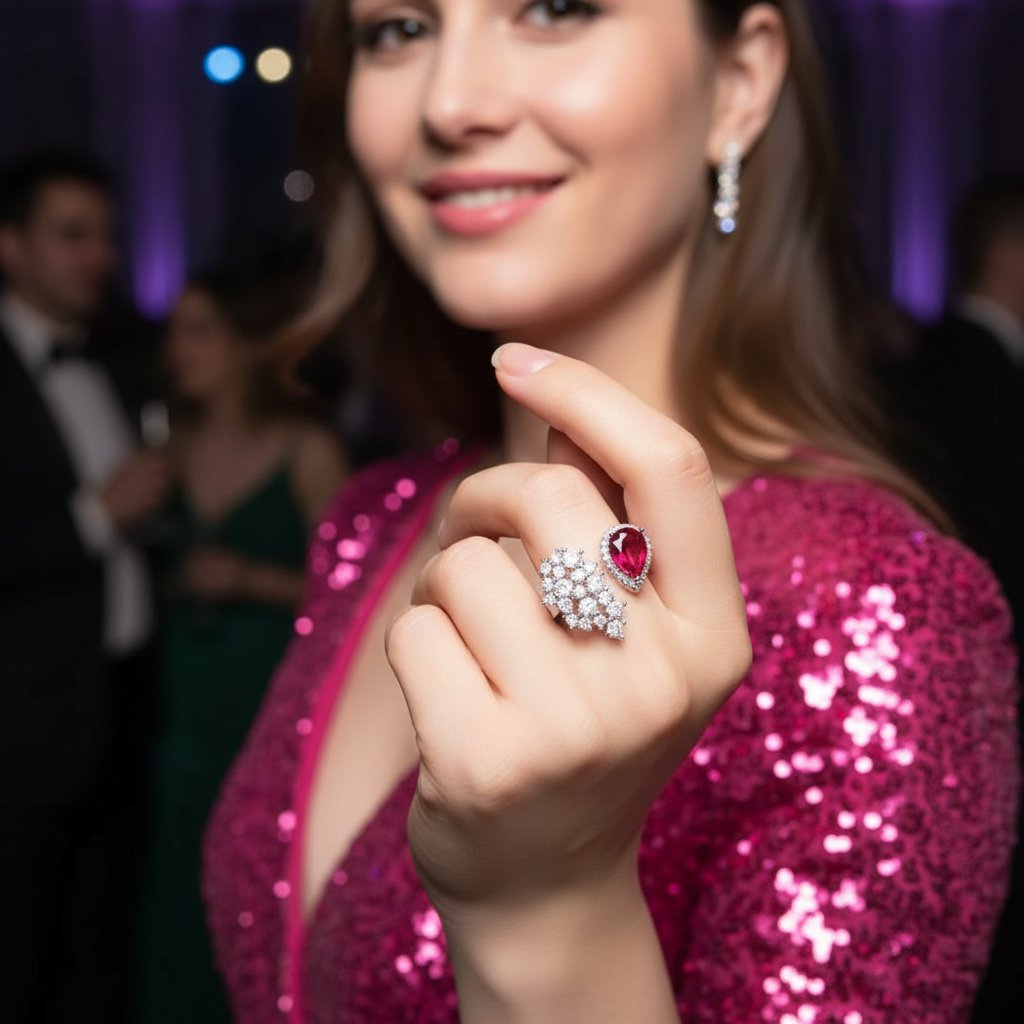 Anel Fúcsia e Prata Ajustável de Festa de Zircônia Asa