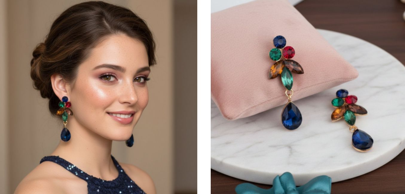 Brinco de Pressão Cristal Cicera azul e verde de festa Brinco de Pressão Cristal Cicera azul e verde de festa