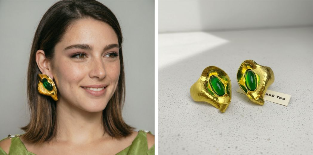 Maxi Brinco Dourado com Pedra Verde e Metal Amassado - Laszine
