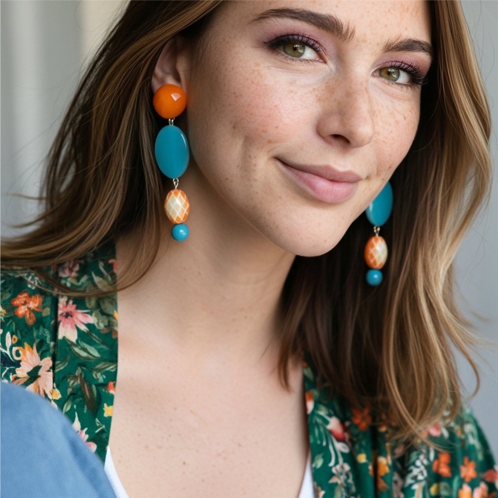 Brinco de pressão turquesa e laranja grande de pedras longo Luciana