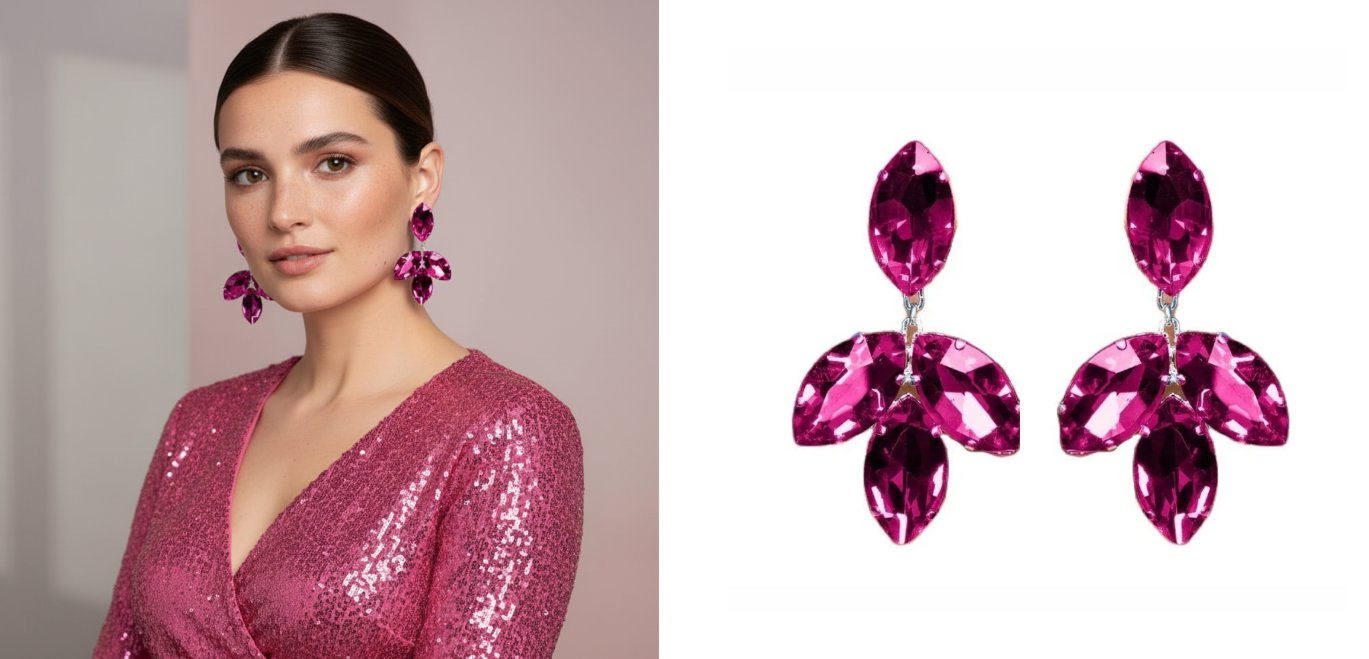 Brinco de Pressão Feminino Rosa Pink de Festa com cristais Brinco de Pressão Feminino Rosa Pink de Festa com cristais