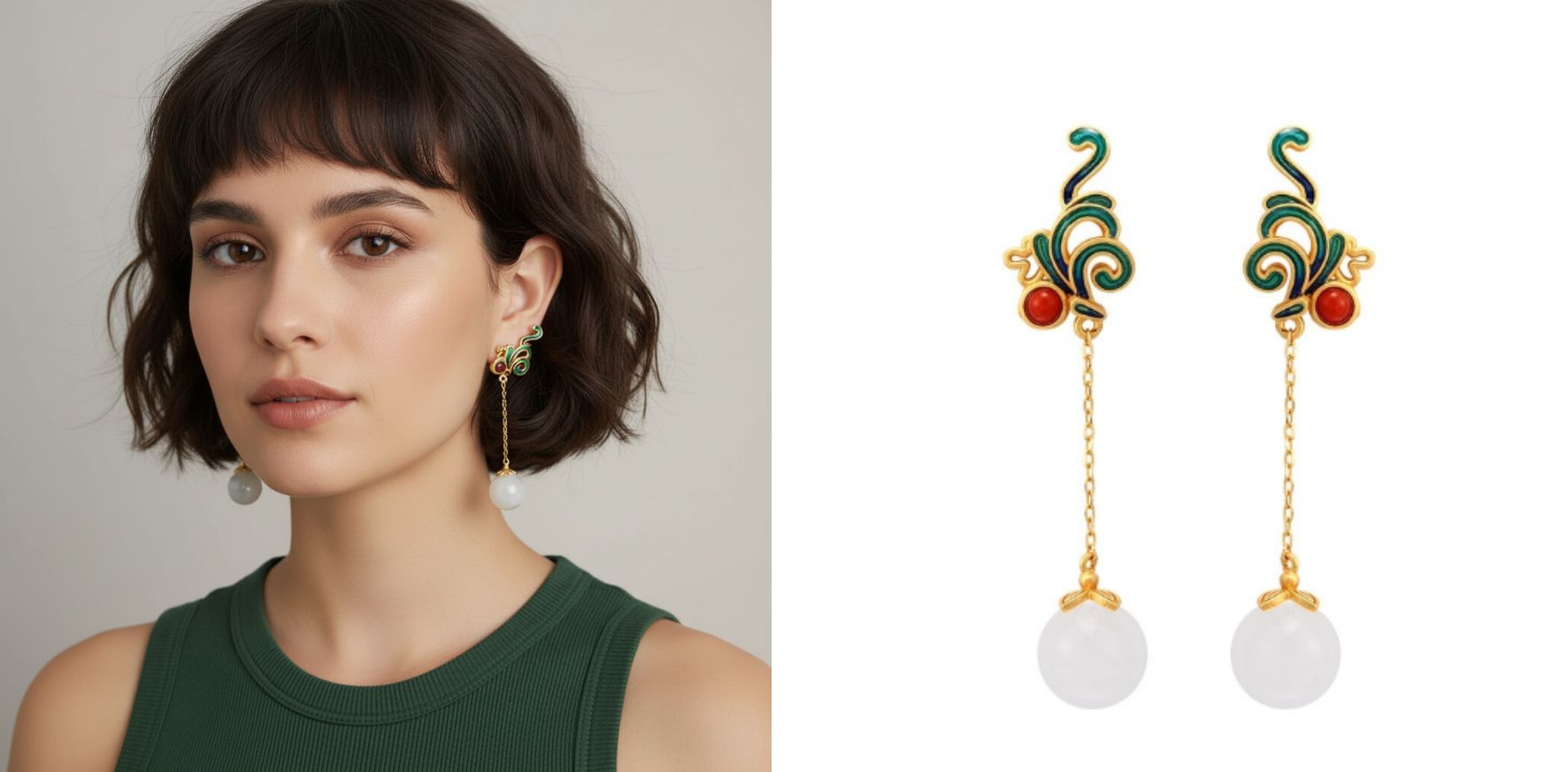 Brinco arabesco verde com pendulo de pedra branca estilo oriental para cabelos curtos