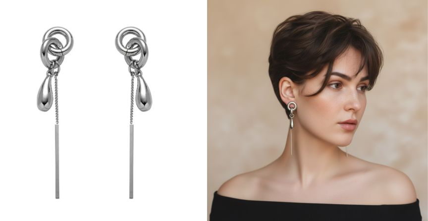 Brinco longo geométrico prateado estilo coreano para cabelos curtos