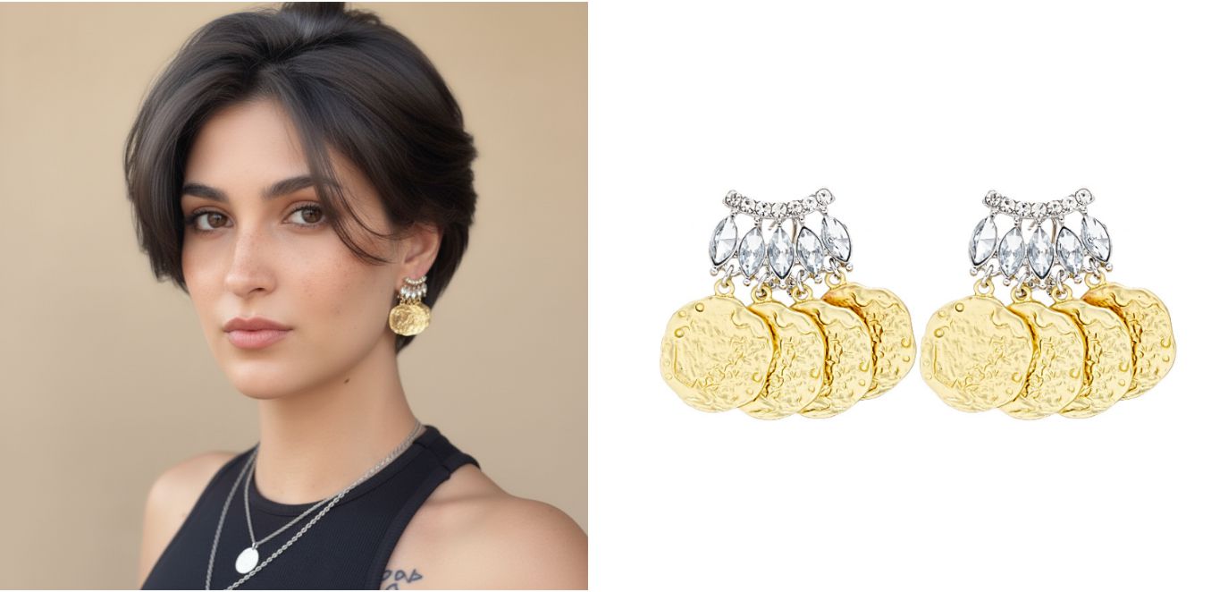 Brinco de moedas prata e dourado com movimento para cabelos curtos