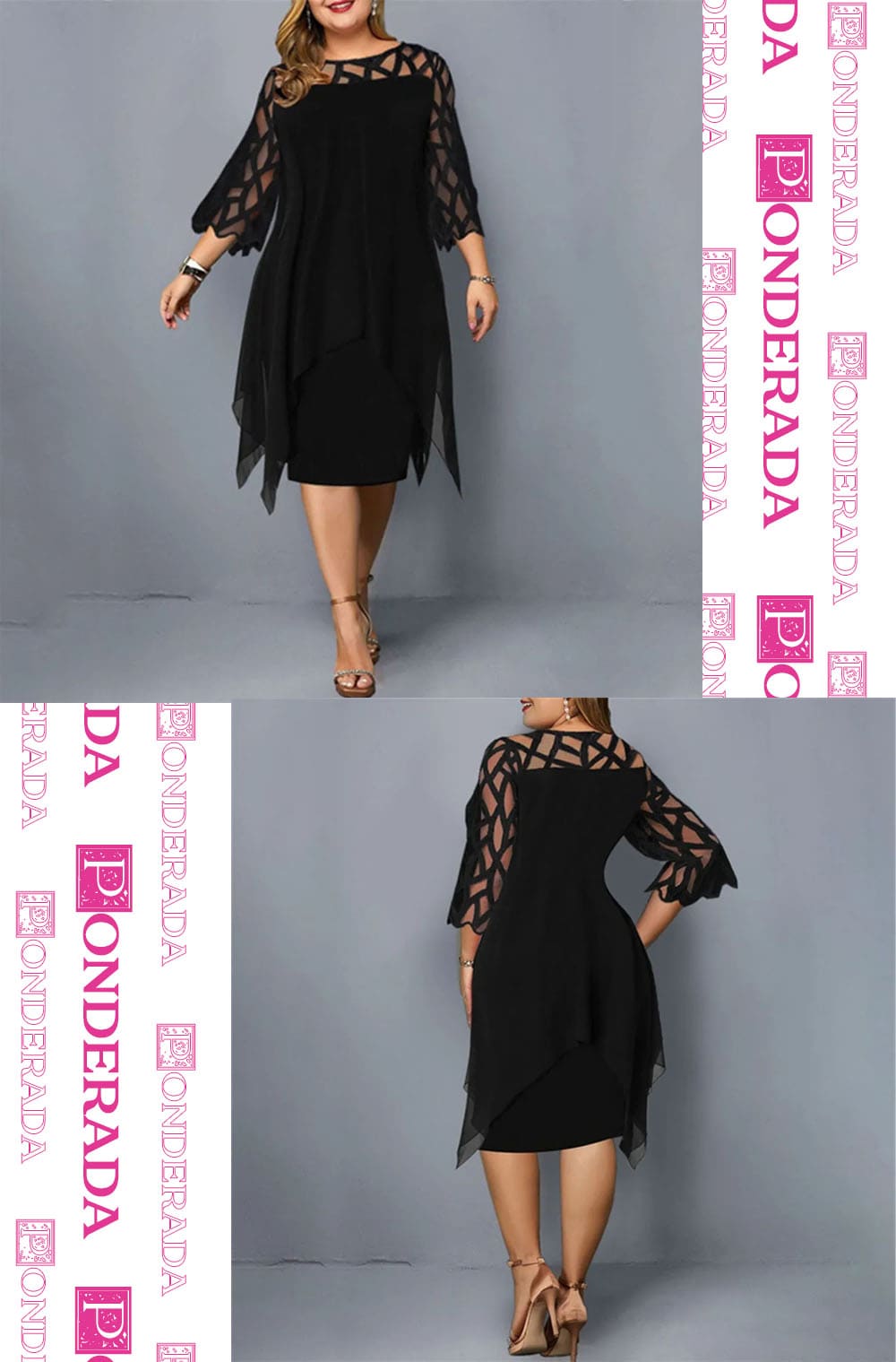 Vestido Midi Plus Size de Festa Manga Rendada Laura