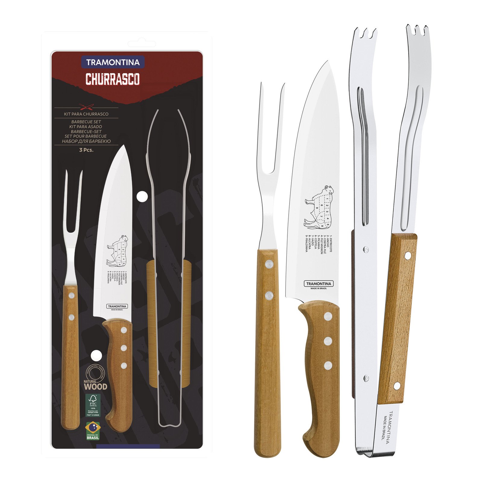 Jogo para Churrasco Tramontina com Lâminas em Aço Inox e Cabos de Madeira Natural 3 Peças
