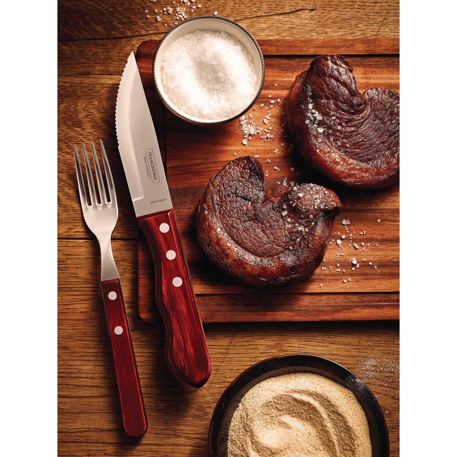 Jogo de Talheres Jumbo para Churrasco Tramontina em Aço Inox com Cabo Vermelho Polywood 4 Peças - foto 2