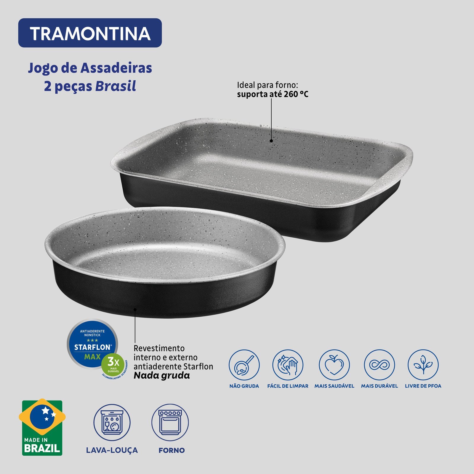 Jogo de Assadeiras Tramontina Brasil em Alumínio com Revestimento Interno e Externo em Antiaderente Starflon Max Preto 02 Peças - foto 2