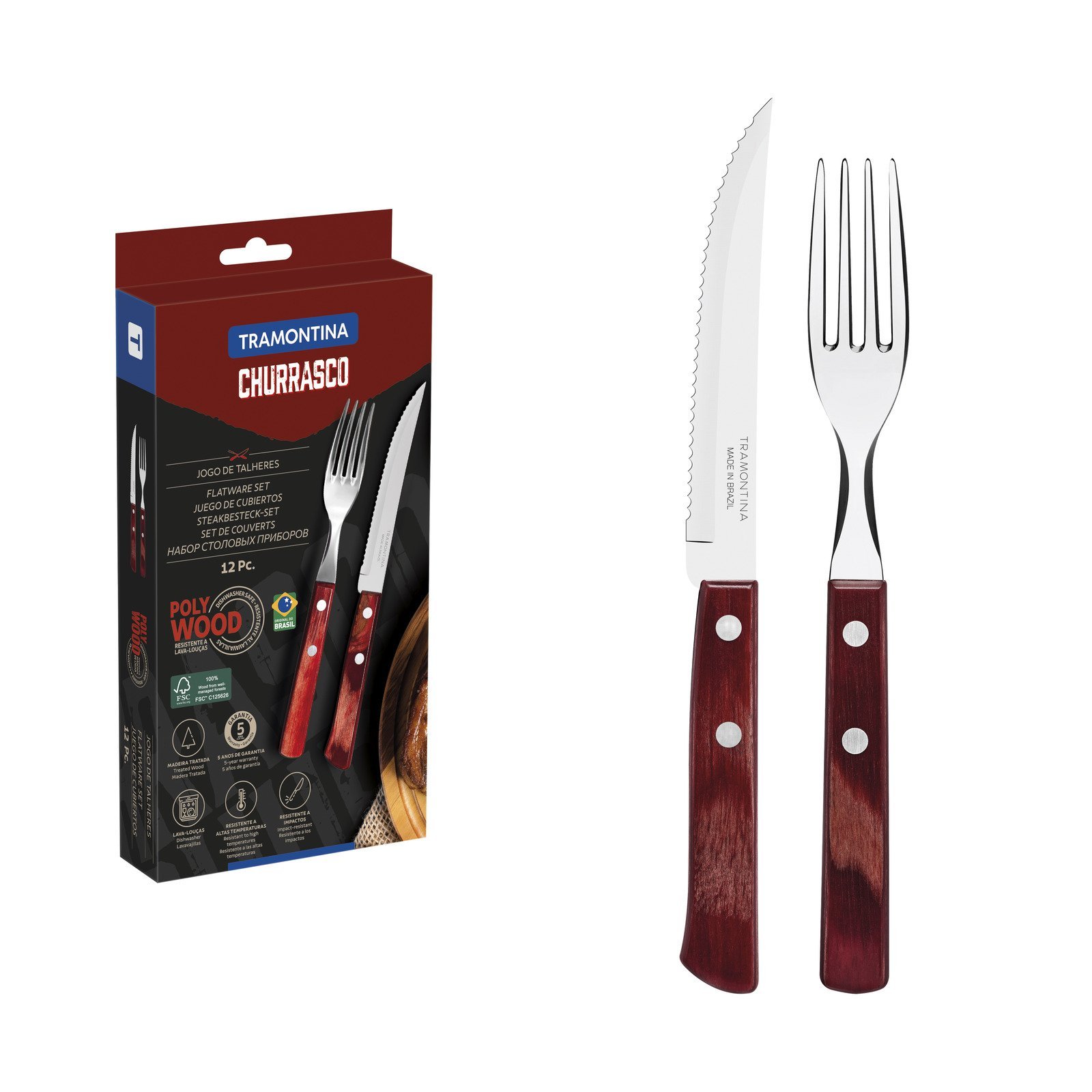 Jogo de Talheres para Churrasco Tramontina com Laminas de Aço Inox com Cabos de Madeira Tratada Polywood Vermelho 12 Peças