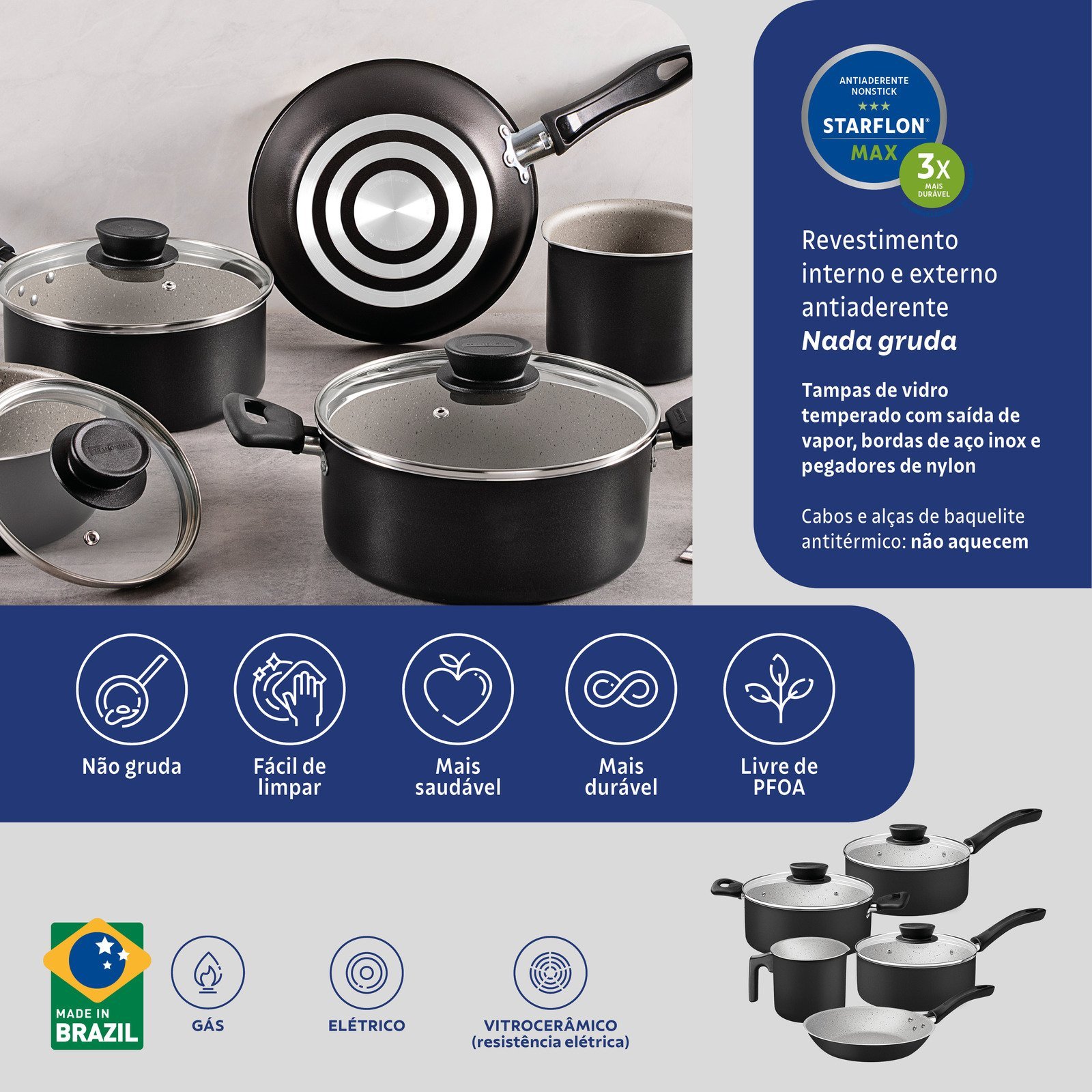 Jogo de Panelas Tramontina Linz em Aluminio com Revestimento Interno e Externo em Antiaderente Starflon Max Preto 05 Peças - foto 10