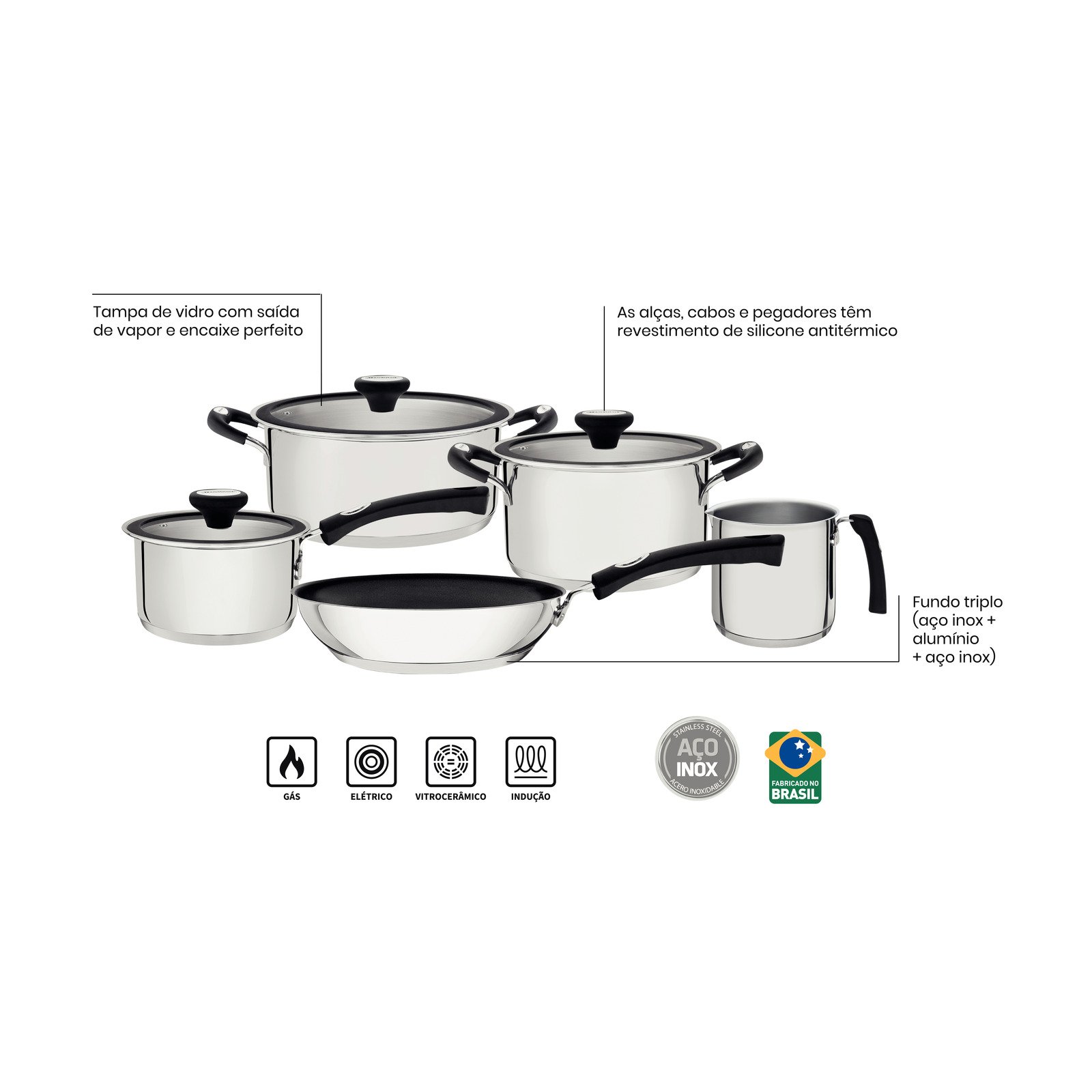 Jogo de Panelas Tramontina Solar Silicone em Aço Inox com Fundo Triplo 5 Peças - foto 4