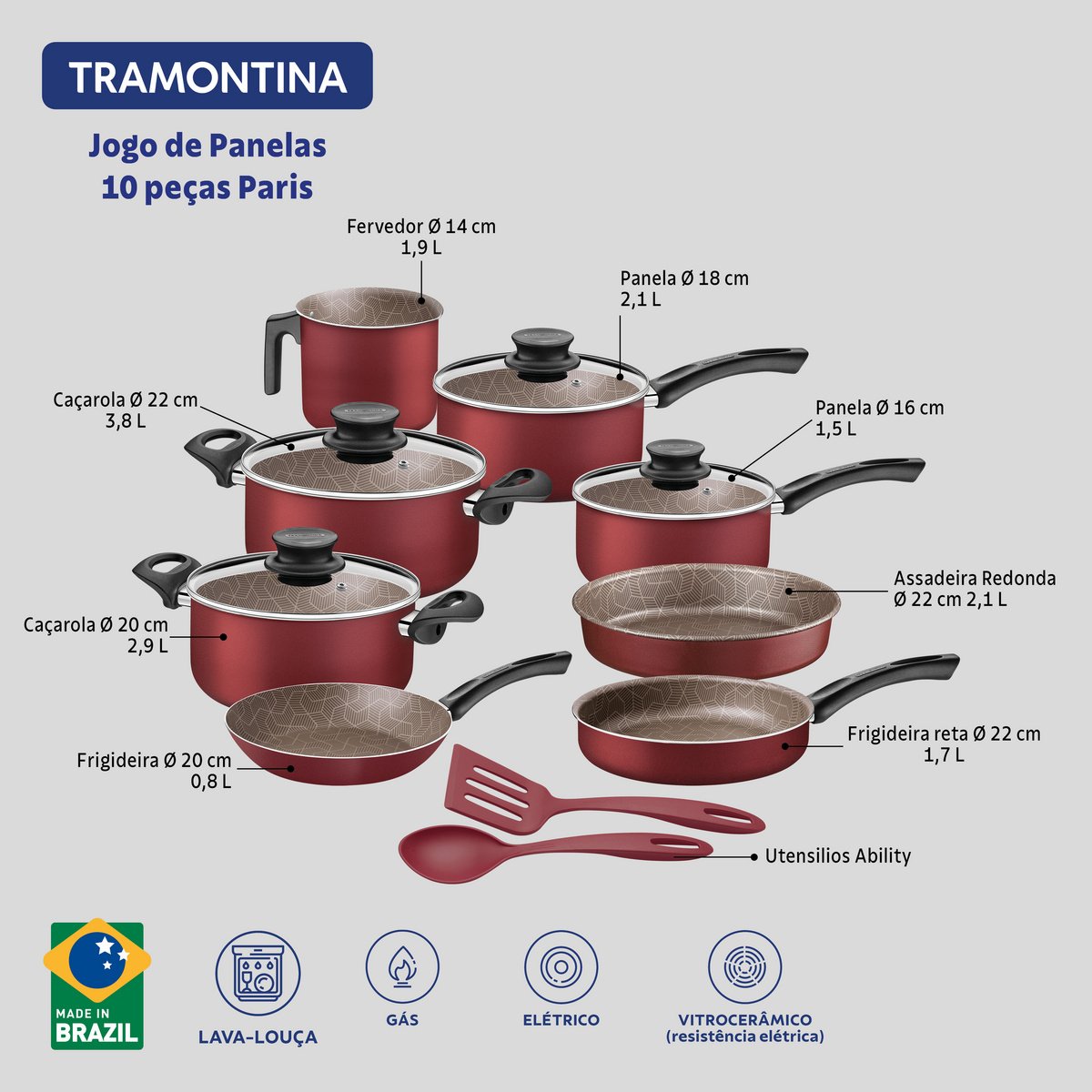 Jogo Panelas Tramontina Paris 10 Peças Aluminio Antiaderente Starflon Max Vermelho - foto 3
