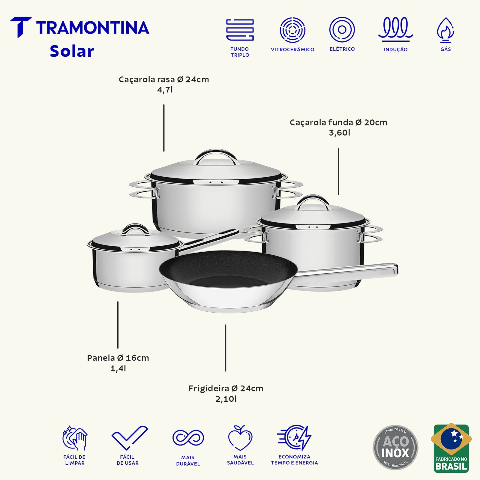 Jogo de Panelas Tramontina Solar em Aço Inox com Fundo Triplo 4 Peças - foto 2