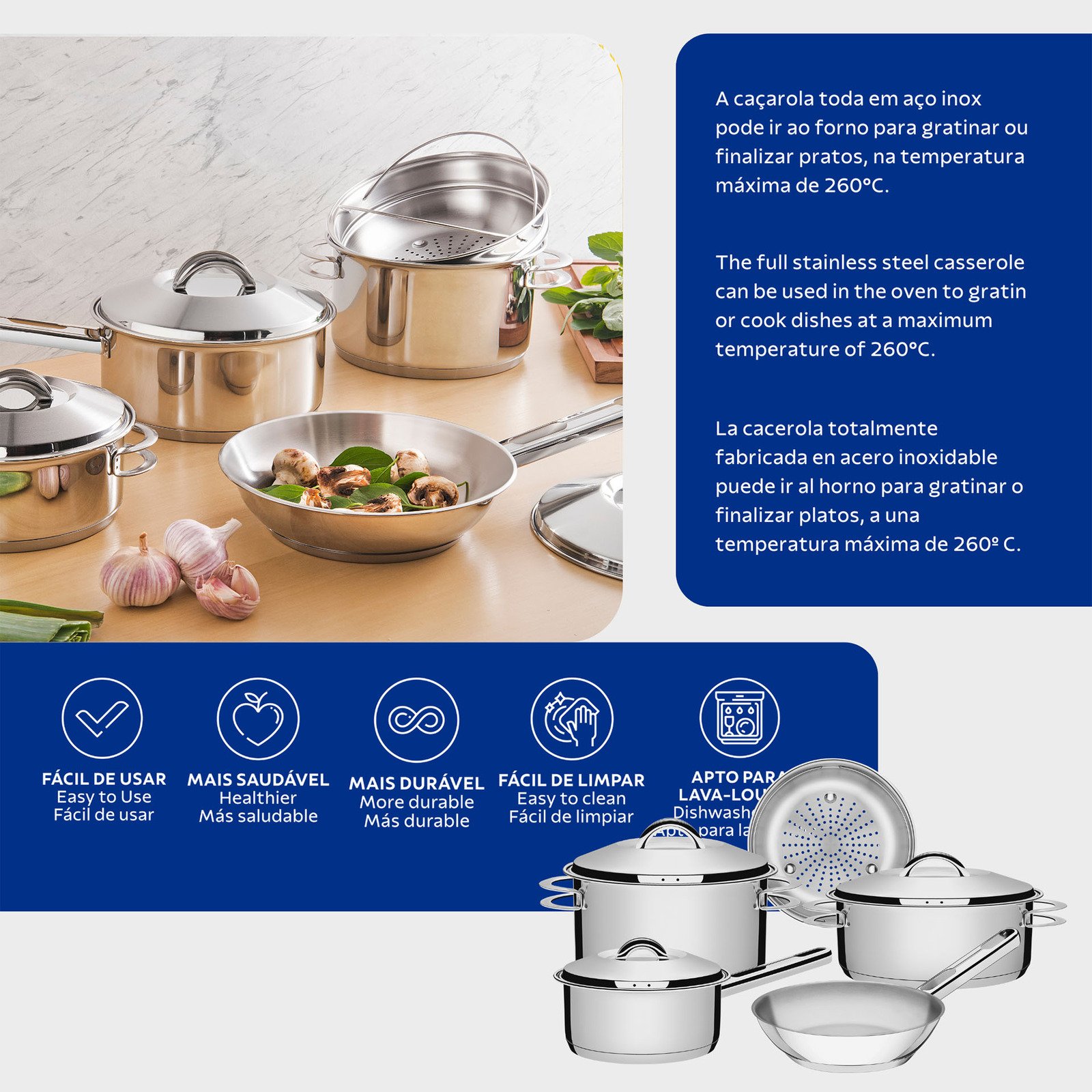 Jogo de Panelas Tramontina Solar em Aço Inox com Fundo Triplo e Tampas de Inox 5 Peças - foto 4