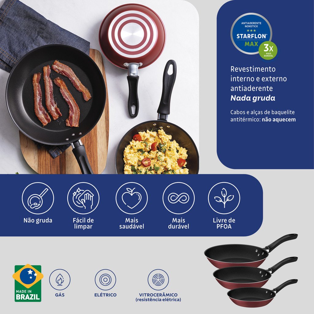 Jogo Frigideiras Tramontina Linz 3 Peças Alumínio Antiaderente Starflon Max Vermelha - foto 4
