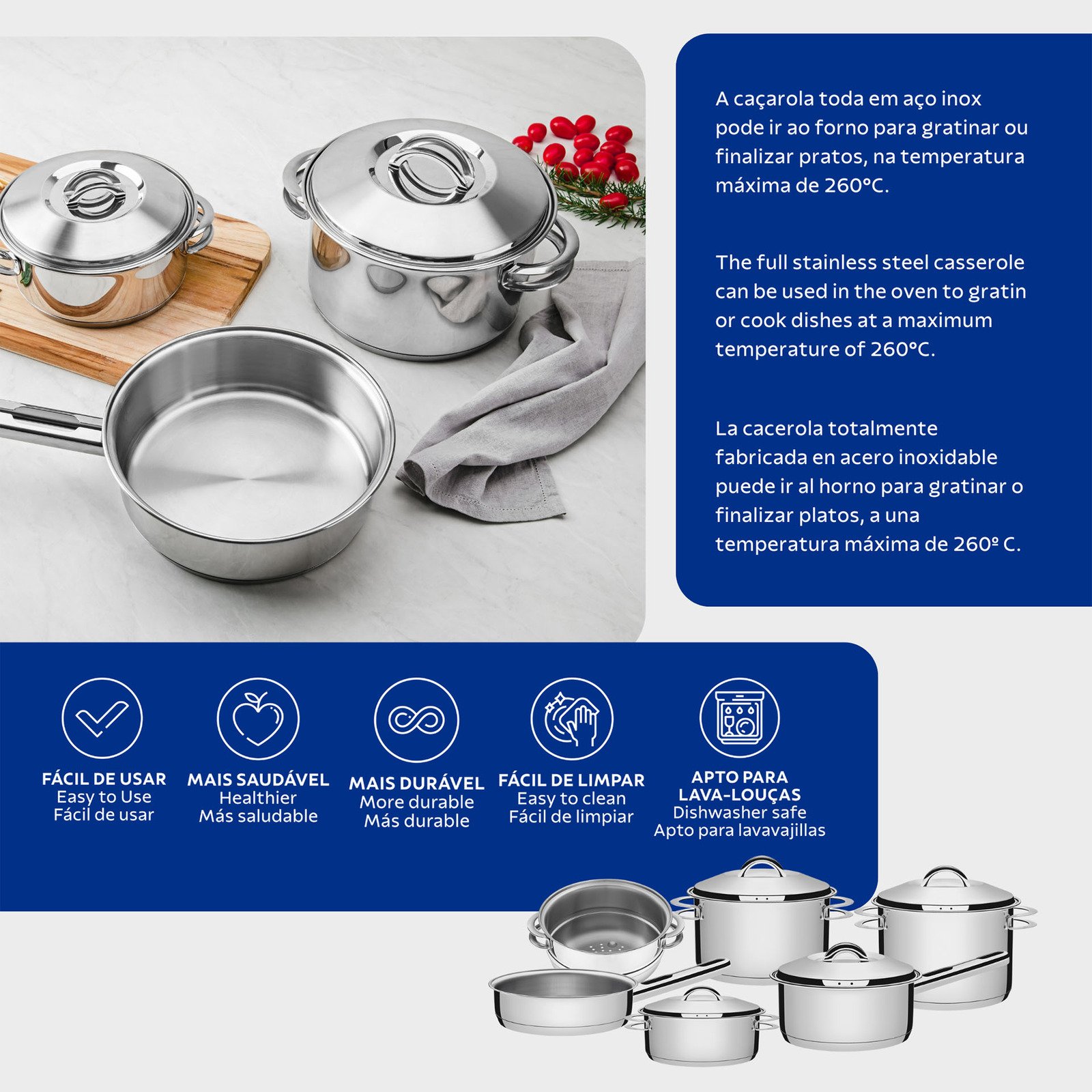 Jogo de Panelas Tramontina Solar em Aço Inox Fundo Triplo 6 Peças - foto 3